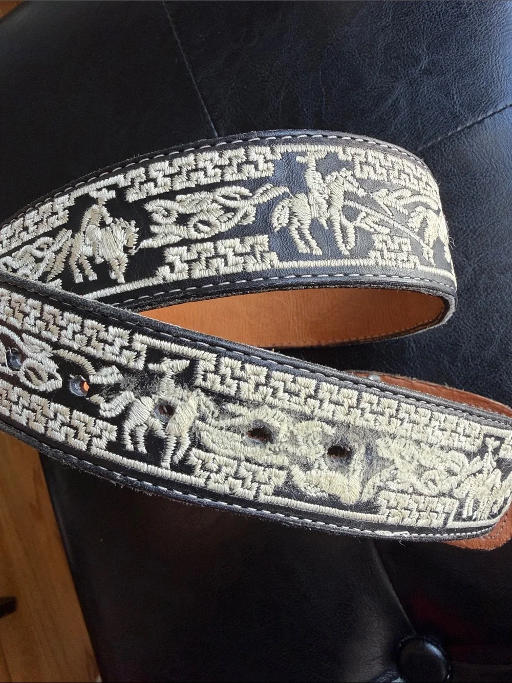 Black Embroidered Leather Men's Belt with Cream Stitching.34